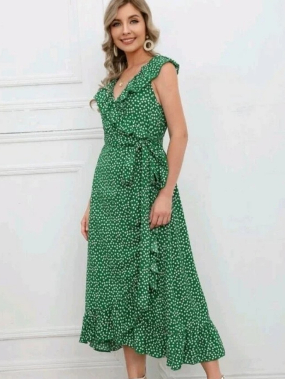 SHEIN Maternity Ruffle V-Neck Wrap Dress Women's Large Green Floral Sleeveless